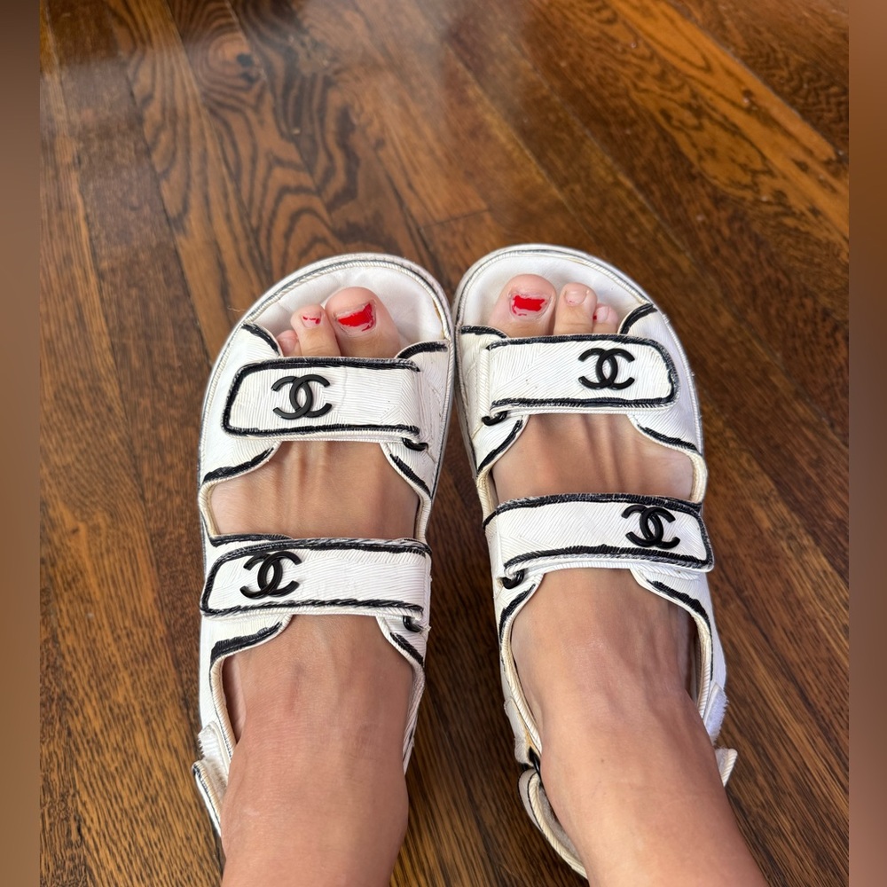 Chanel White Dad Sandals with Black Trim - Picture 3 of 14